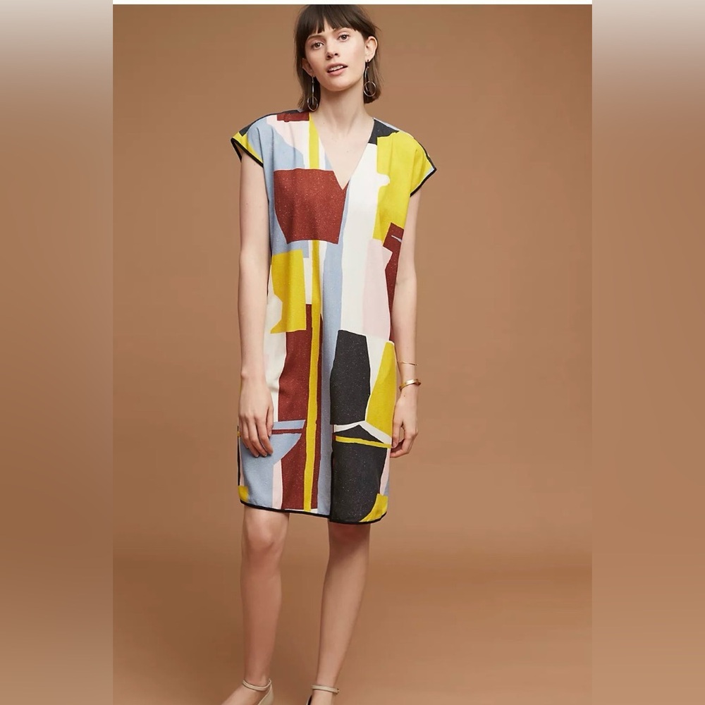 34 Degrees (Anthro) Raw Silk Colorful Geometric V-Neck Mini Dress